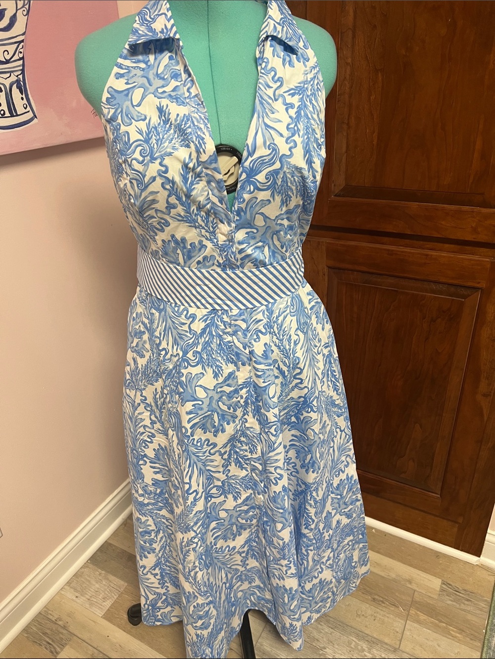Lilly Pulitzer Blue and White Sleeveless Midi Dress with Striped Waist Tie - Picture 5 of 5